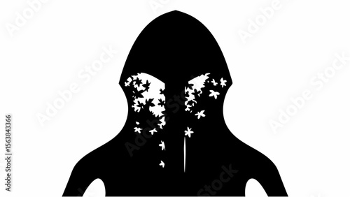 Silhouette of hooded figure with floral pattern inside the hood on a white background design art