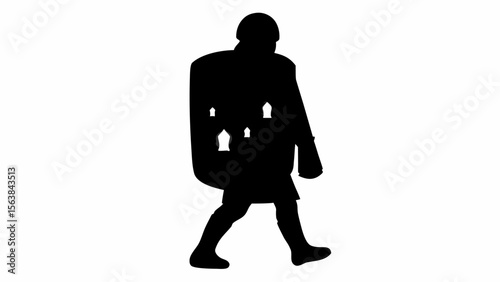 Silhouette of a person walking with a large backpack that has several cut out shapes on it in black