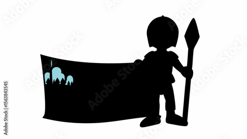 Silhouette of a child with a spear and a banner with a cityscape design in the corner design element