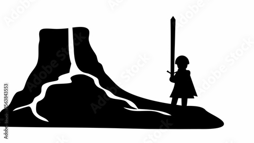 Silhouette of a child holding a sword standing next to a large rock formation in a black and white image