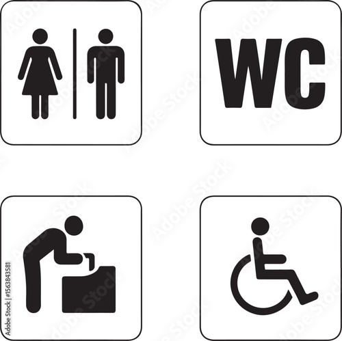 WC signs set. Man, woman, mother with baby and handicapped silhouettes isolated on white background. Male and female toilet door icons. Lady and gentleman restroom symbol. Cast logo concepts. Vector