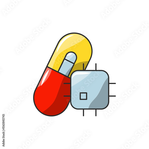 Smart Pill Icon, Digital Medication Health Tech Symbol.