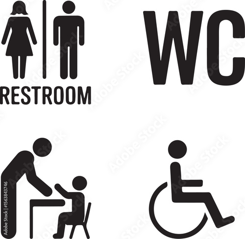 WC signs set. Man, woman, mother with baby and handicapped silhouettes isolated on white background. Male and female toilet door icons. Lady and gentleman restroom symbol. Cast logo concepts. Vector