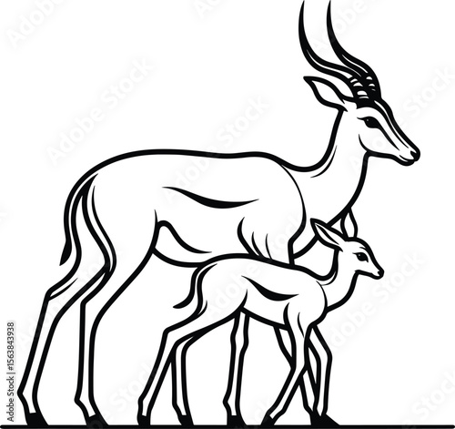 Antelope Doe and Fawn Line Drawing vector illustration isolated on a white background