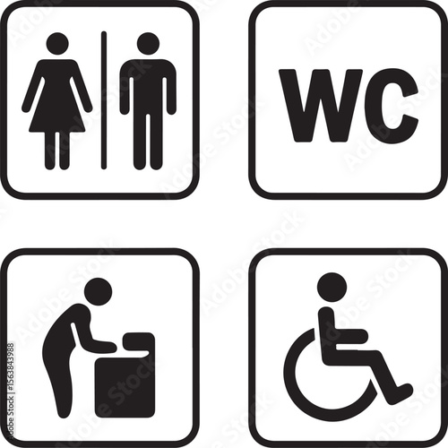 WC signs set. Man, woman, mother with baby and handicapped silhouettes isolated on white background. Male and female toilet door icons. Lady and gentleman restroom symbol. Cast logo concepts. Vector
