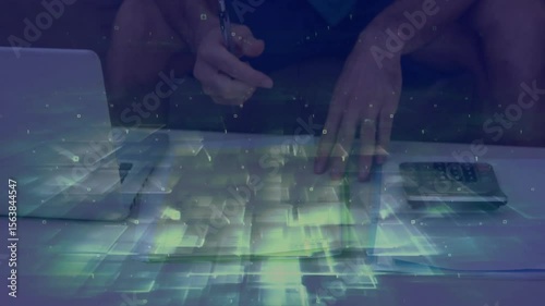 Notebook opening sparking overlay, hands flipping pages and tapping calculator for data analysis