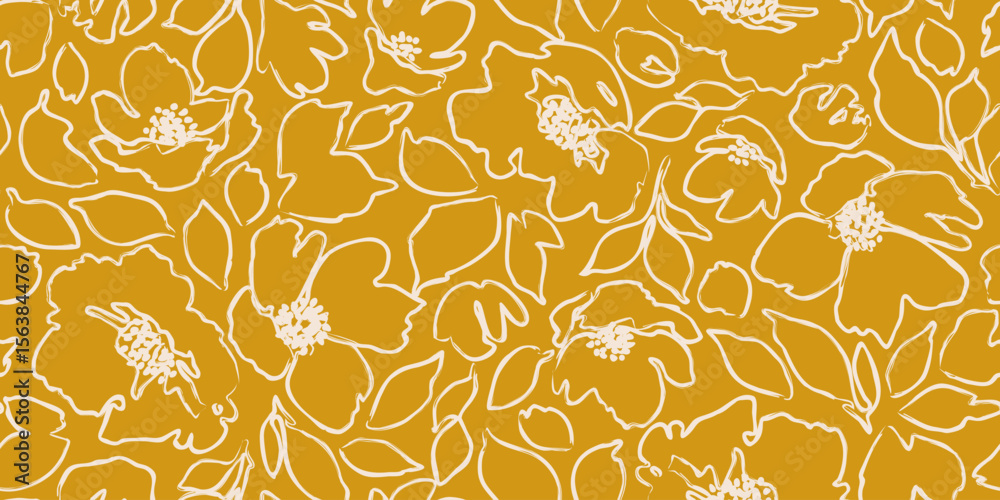 Fototapeta premium Hand drawn abstract floral lines pattern. Seamless flowers background. Modern drawings for textile design, fabric printing, packaging, wallpaper, decoration, cards and posters.