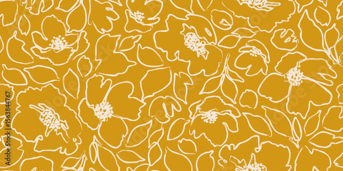 Hand drawn abstract floral lines pattern. Seamless flowers background. Modern drawings for textile design, fabric printing, packaging, wallpaper, decoration, cards and posters.