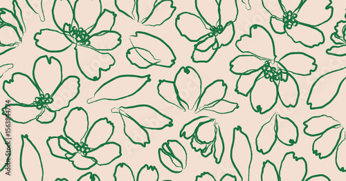 Hand drawn abstract floral lines pattern. Seamless flowers background. Modern drawings for textile design, fabric printing, packaging, wallpaper, decoration, cards and posters.
