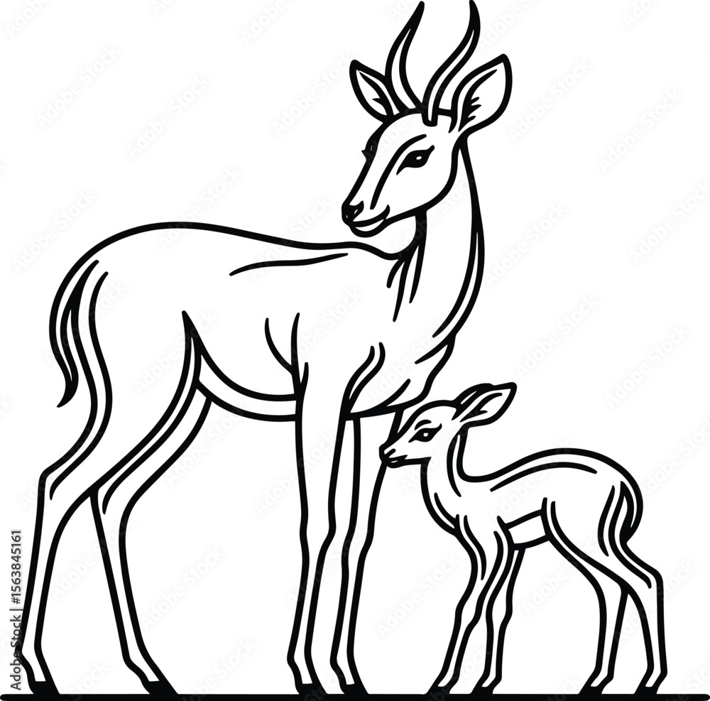 Obraz premium Antelope Doe and Fawn Line Drawing vector illustration isolated on a white background