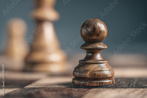 Close-up of a wooden pawn on a chessboard with blurred pieces in the background during a strategic game session