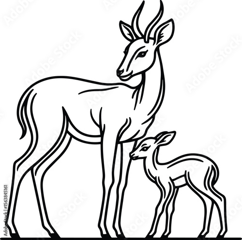 Antelope Doe and Fawn Line Drawing vector illustration isolated on a white background
