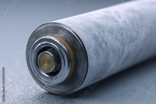 Close-up of a cylindrical battery highlighting its metallic features and textured surface in a studio setting