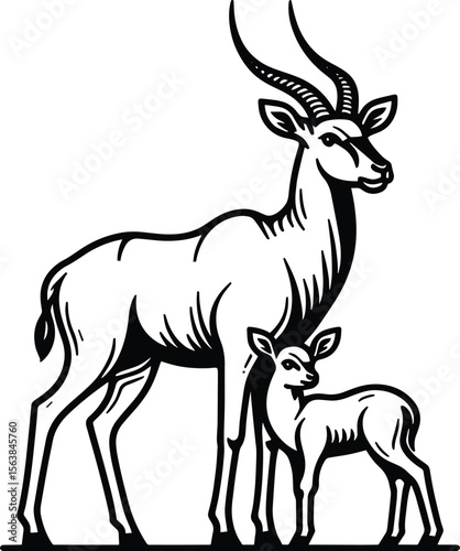 Antelope Doe and Fawn Line Drawing vector illustration isolated on a white background