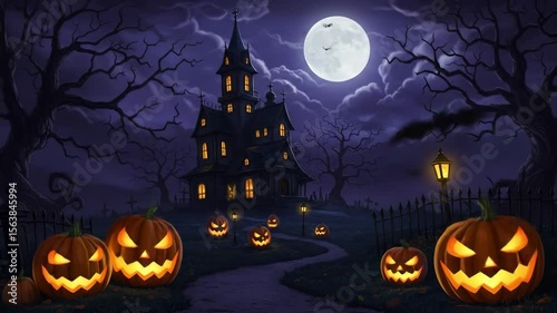 Halloween night haunted house pumpkins spooky scene background art