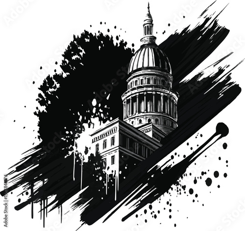 Capitol Building Illustration – Black and White Ink Sketch with Grunge Texture and Dramatic Lighting