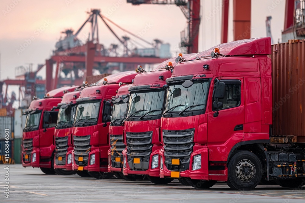 Fototapeta premium Fleet of red trucks lined up at shipping port during sunset
