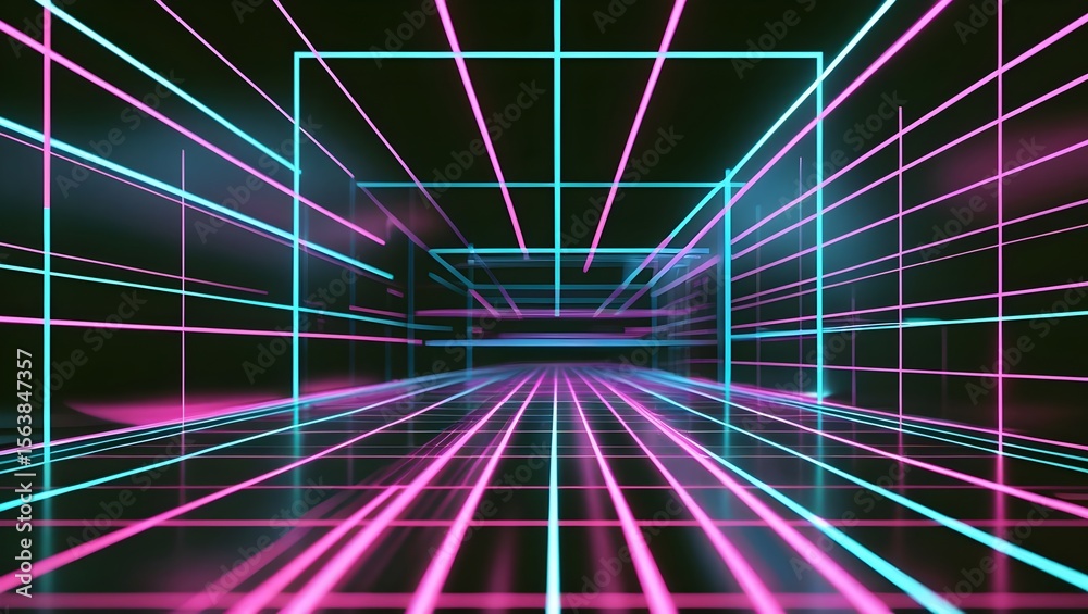 Fototapeta premium Retro-Futuristic Neon Grid in Pink, Teal, and Violet with Glowing Lines, Cyberpunk 4K Abstract Background for Album Covers, Streaming Overlays, and Digital Art