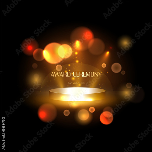 Elegant glowing podium for award ceremony with light effects, flares, and bokeh on dark background. Perfect for design and presentations.