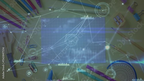 Overhead desk shot initiating holographic network fading over grid paper, visualizing data flow