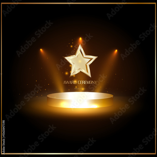 Golden star on glowing podium with spotlights and light effects. Perfect background for award ceremony, design, and presentations.
