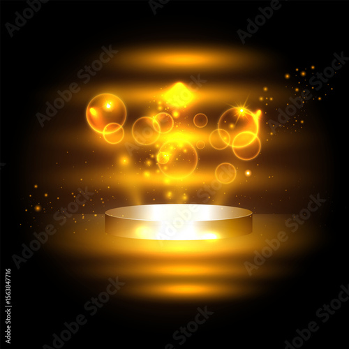 Glowing golden podium with light effects, bokeh and sparkling highlights on dark background. Perfect for design, awards and presentations.