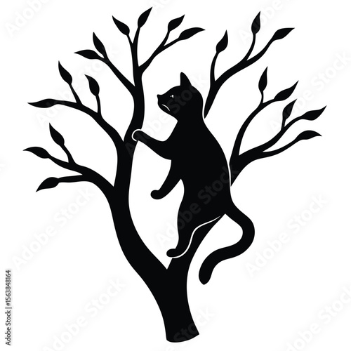Silhouette of a Cat Climbing a Bare Tree with Small Leaves, a Stark Black and White Design