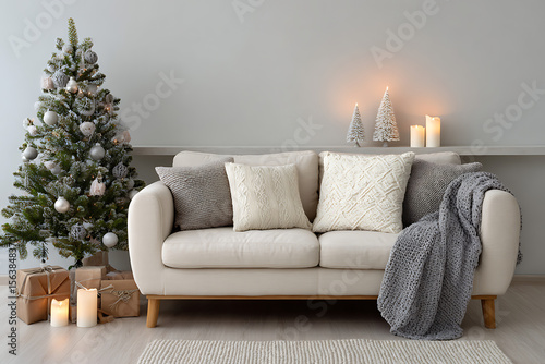 Cozy Christmas Living Room With Decorated Tree and Sofa Christmas tree ornaments
