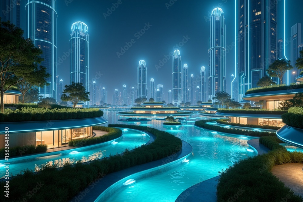 Fototapeta premium Futuristic Night City with Glowing River and High Rise Buildings