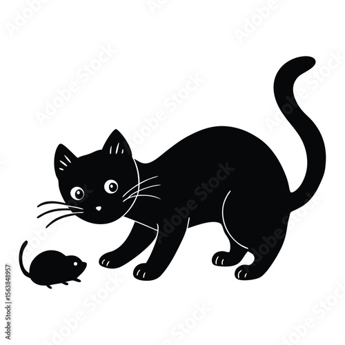 Whimsical Black Cat Stalking a Mouse Illustration Playful Feline Friend Hunting Rodent Cartoonish Animal Companionship Joyful Domestic Scene