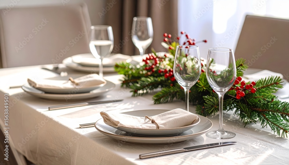 Fototapeta premium Elegant Dining Table Decorated with Greenery and Crystal Glassware