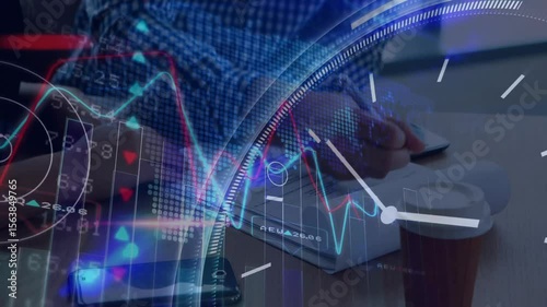 Data overlay fading in and pulsing, blue-shirted man writing in notebook at desk noting trends