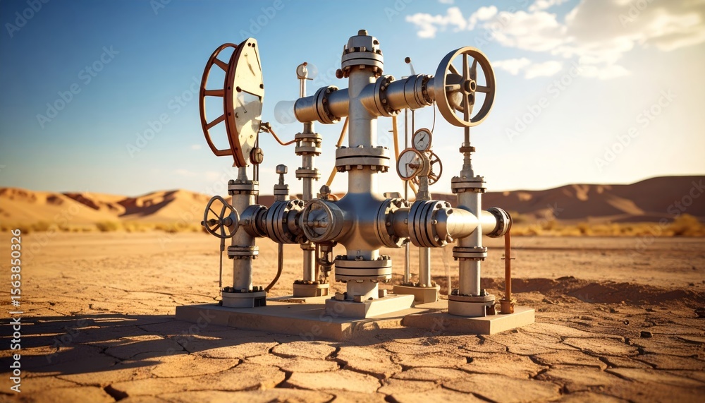 Fototapeta premium Industrial Pipeline System in Desert Environment with Clear Sky