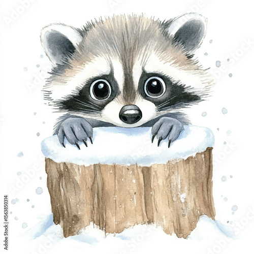 Watercolor Raccoon Peeking Over a Snowy Tree Stump with Wide Eyes