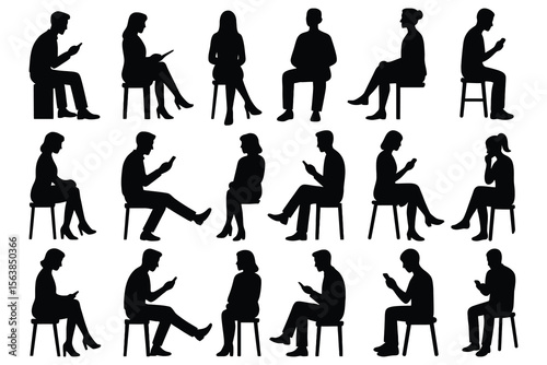 Silhouettes of people sitting and using smartphones isolated on white background