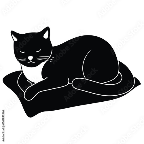 A Silhouette of a Peaceful Cat Napping Comfortably on a Soft Pillow Expressing Calm and Serenity in a Simple Design