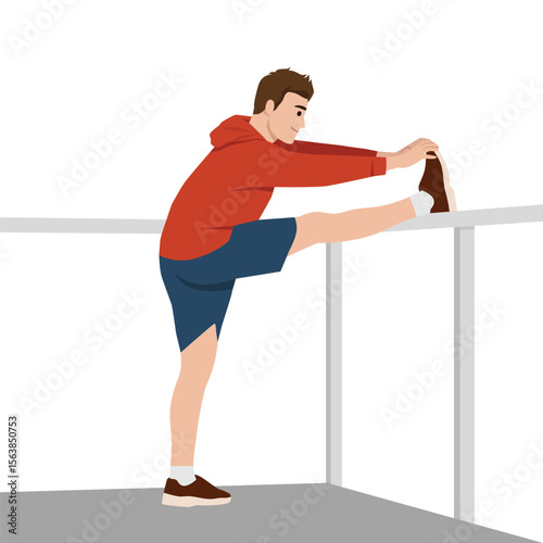 Man stretches his leg on a railing, preparing for physical activity. Flat vector illustration isolated on white background