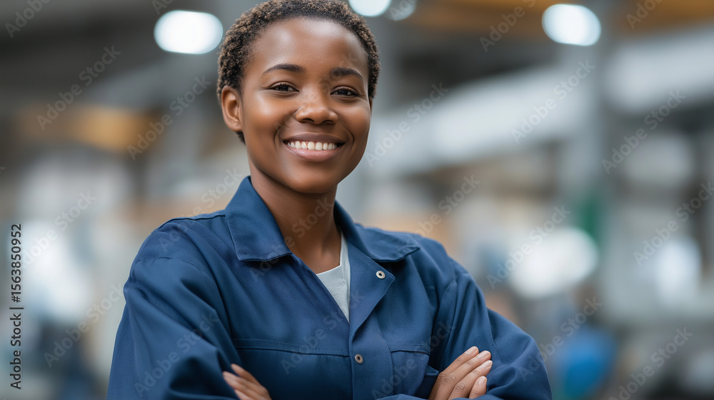 Naklejka premium Young African Woman Engineer Working in Factory Empowering Industry