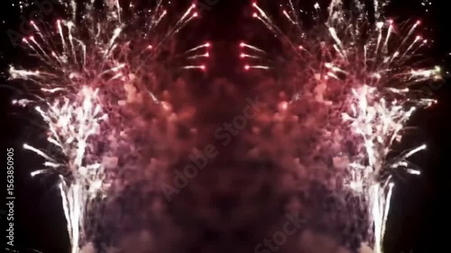 Symmetrical fireworks display in red and white colors for celebration against a black sky.