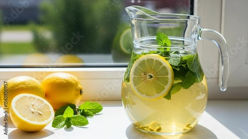 Bright, refreshing lemonade with fresh lemon slices and vibrant mint leaves, perfectly chilled in a glass pitcher by a sunlit window, evoking summer, health, and natural sweetness.