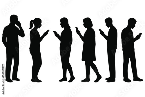Diverse group of people silhouetted while using their smartphones isolated on white background