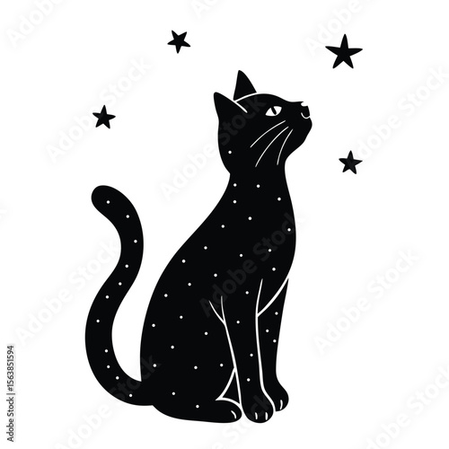 Enigmatic Feline Gazing at Celestial Wonders A Mystical Black Cat Surrounded by Stars in a Nighttime Fantasy Scene