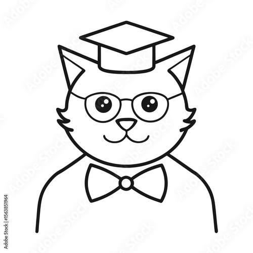 Cat head wearing graduation cap, sunglasses, bow tie vector line art illustration