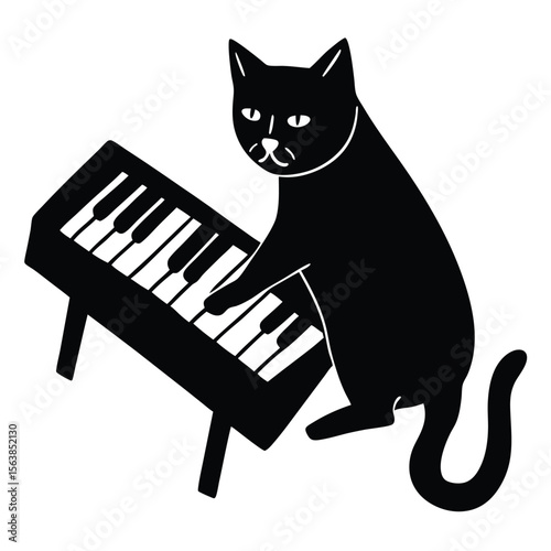 A Whimsical Silhouette A Black Cat Playing Piano Conveying Feline Musicality Creative Expression and Cartoonish Charm in a Playful Composition