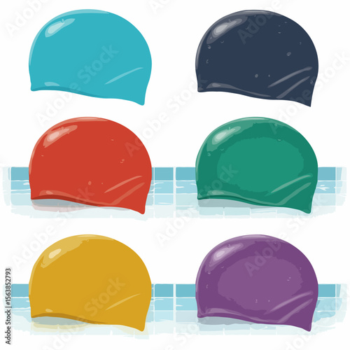 A realistic set of six swimming caps in multiple bright colors for sports and recreation with a white background