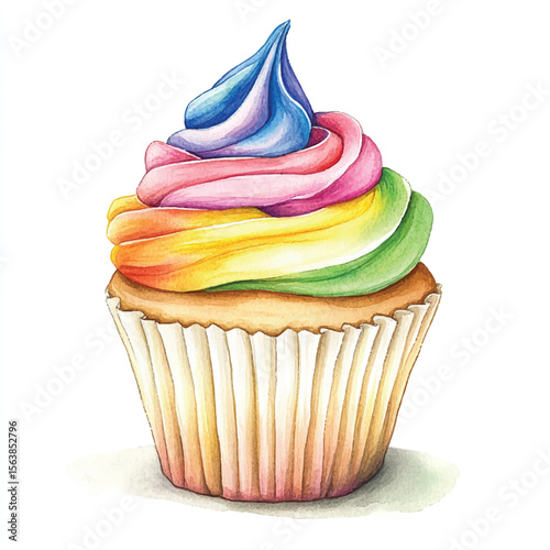Watercolor Rainbow Swirl Cupcake with Delicate Frosting