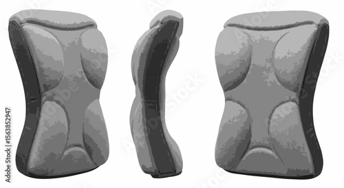 Three grayscale views of a gray ergonomic ab mat for core exercise support