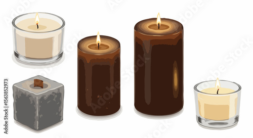 A realistic collection of five lit aroma candles in various shapes and earthy colors for spa and relaxation