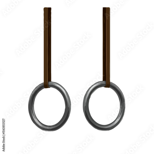 A realistic illustration in metallic silver and brown of a pair of gymnastic rings for fitness and exercise