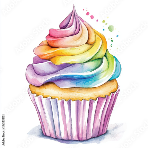 Watercolor Rainbow Swirl Cupcake with Pastel Liner (1)